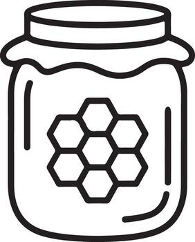 Simple line drawing icon of a honey jar with a honeycomb design on a white background vector