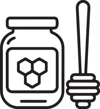 Simple line art icon of a honey jar with honey dipper and honeycomb symbol vector