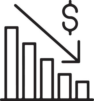 Financial decline represented by a downward trending bar graph with a dollar sign and arrow vector