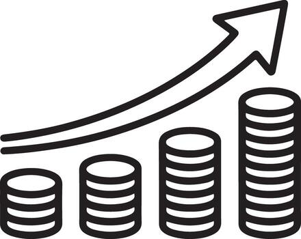 Increasing stack of coins graph with upward trending arrow representing financial growth and success vector