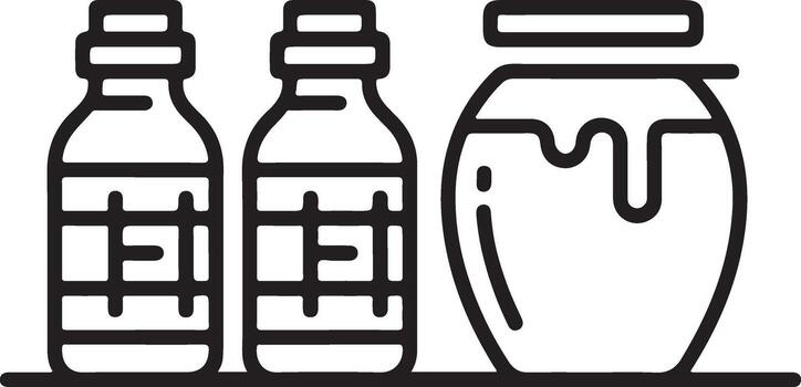 Three outline icons representing medical vials and a jar of honey on a shelf vector