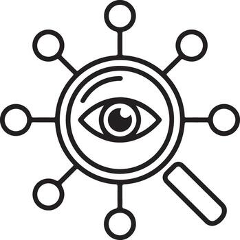 Magnifying glass with an eye inside and radiating circles representing data or connections vector