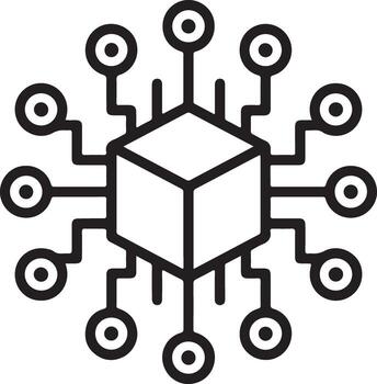 Abstract cube network with radiating connections and circular nodes representing data flow vector