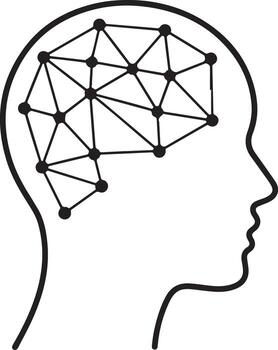 Outline of a human head with a neural network diagram inside the brain area vector
