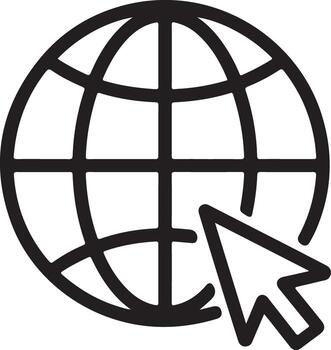 Black and white outline icon of a globe with a cursor pointing to it representing the internet vector