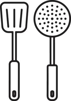 Simple outline drawing of a spatula and a slotted spoon on a white background vector