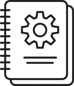 Simple line art icon of a spiral bound notebook with a gear symbol on the cover vector