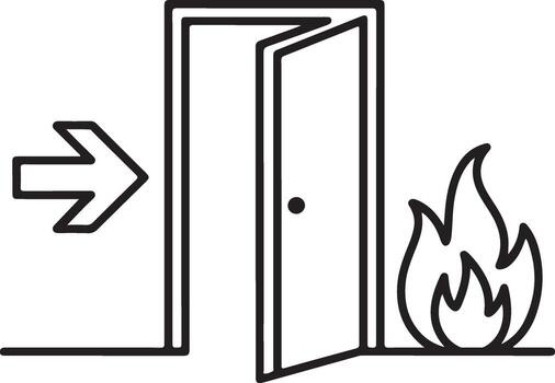 Open door with fire and exit arrow indicating emergency escape route during a fire emergency vector