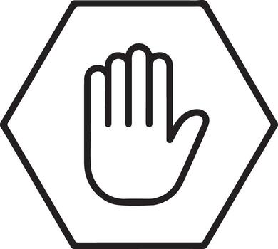Simple outline icon of a hand symbol inside a hexagon shape for stop or warning vector