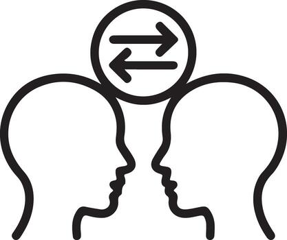 Two human head profiles facing each other with a circular arrow symbol representing communication vector