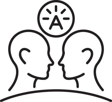 Two people facing each other with a lightbulb representing an idea above their heads vector