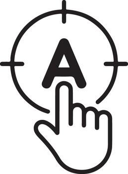 Hand cursor clicking on a target with the letter a inside representing accuracy and focus vector