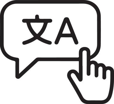 Digital icon representing language translation with a cursor clicking on characters within a speech bubble vector
