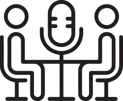 Two people sitting at a table with a microphone in the middle for an interview or podcast vector