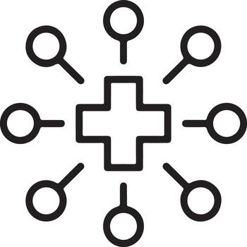 Abstract medical cross icon connected to multiple circular nodes representing network or data sharing vector