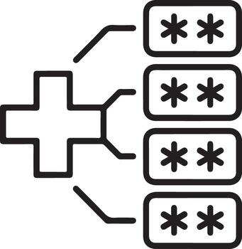 Conceptual illustration of a plus sign branching out to multiple password fields with asterisks vector