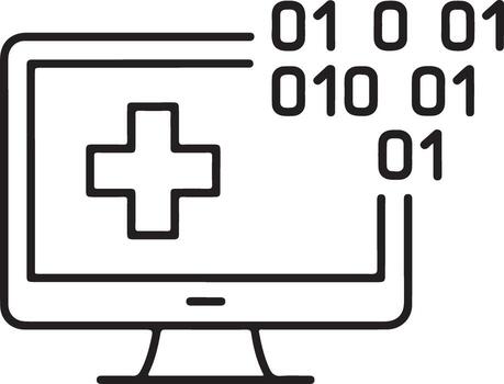 digital cuidado de la salud tecnología computadora pantalla con médico cruzar y binario código datos corriente vector