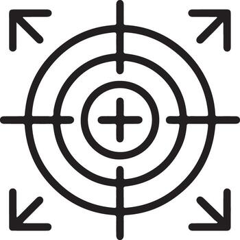 sencillo línea Arte icono de un objetivo con punto de mira y cuatro flechas indicando atención vector