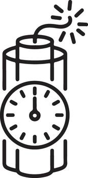 Stylized line art icon of a classic dynamite bomb with a countdown timer and burning fuse vector