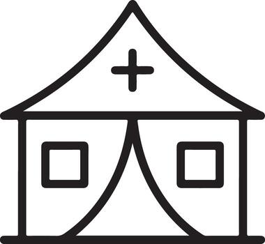 Simple line drawing icon of a medical tent with a cross symbol and two windows vector