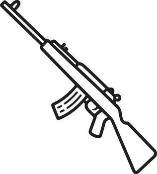 Simple line drawing of an assault rifle with a curved magazine on a white background vector