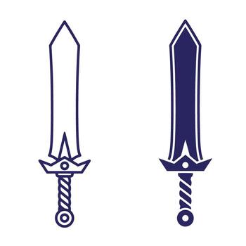 Two detailed sword illustrations in outline and filled styles with white background vector