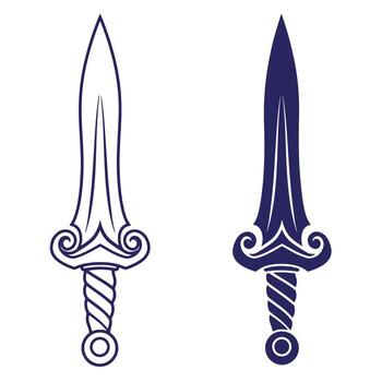 Two stylized ancient swords displayed in dark blue and outlined graphics vector