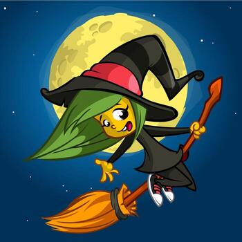 Cartoon witch flying on a broom with the moon in the background vector