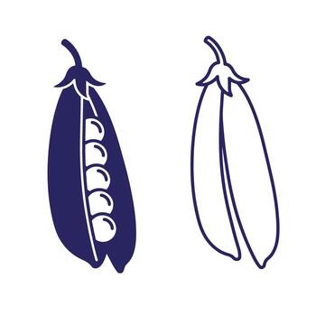 Simple illustration of a pea pod open with peas and one closed against a white background. vector
