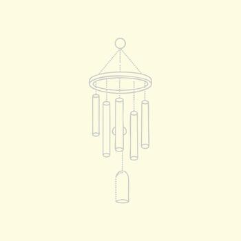 Elegant hanging wind chime with multiple cylindrical tubes and circular top, suspended by delicate chains in a minimalist setting vector