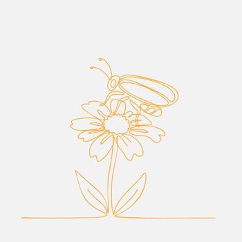 Minimalist continuous line drawing of a bee perched on a flower with detailed petals and leaves, emphasizing simplicity and elegance vector