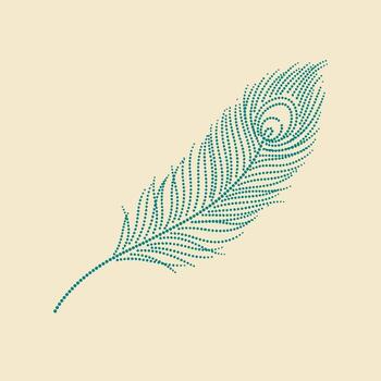 Elegant stylized feather composed of small dots with intricate detailing on a neutral vector