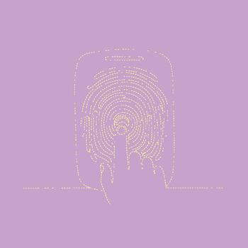 Close-up of a person's finger touching a smartphone screen displaying a fingerprint scanner with a soft purple vector