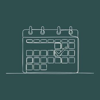 Minimalist line drawing of a calendar with a checkmark on a specific date, symbolizing scheduling or planning concept vector