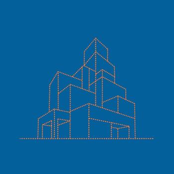 Minimalist outline of a modern building structure with multiple levels and geometric shapes on a solid vector