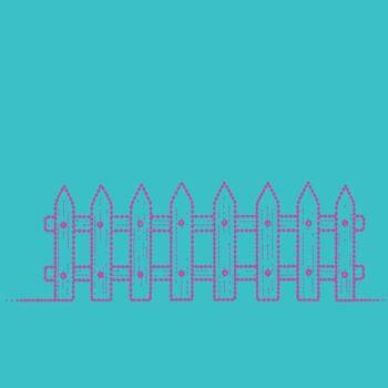 Stylized dotted outline of a decorative picket fence with pointed tops and horizontal support bars on a vibrant turquoise vector