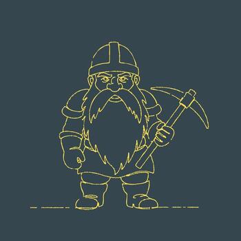 Minimalist Line Drawing of a Bearded Dwarf with a Helmet and Pickaxe Standing Confidently vector
