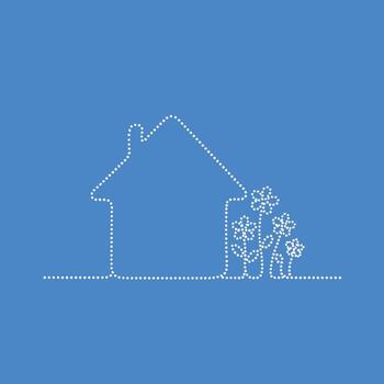 Minimalist house outline with flowers on a blue created using dotted line art style vector
