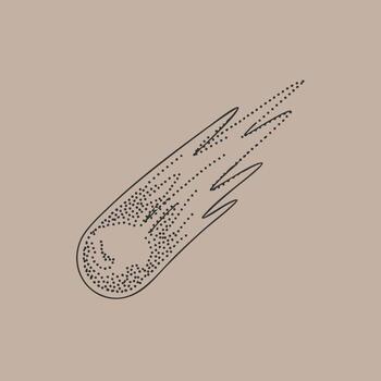 Stylized depiction of a meteor or shooting star with dotted trail and dynamic motion lines on a neutral vector