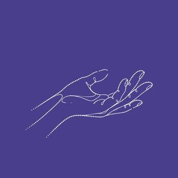 minimalista línea dibujo de un mano participación un pequeño objeto en un sólido azul vector