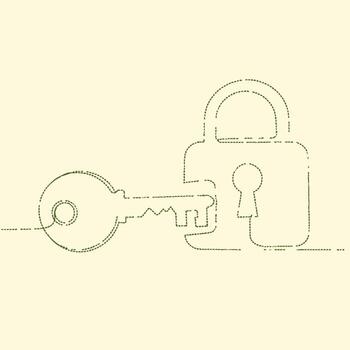 Minimalist line drawing of a key and padlock symbolizing security and access control with simple geometric shapes and clean design vector