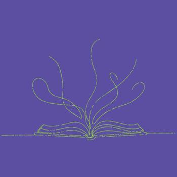 Open book with glowing, swirling lines emerging from its pages, symbolizing knowledge, creativity, and imagination in a digital art style vector