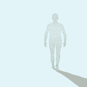 Minimalist silhouette of a standing human figure created with dotted pattern and casting a shadow on a light vector