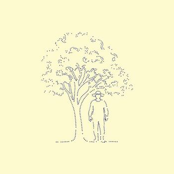 Minimalist line drawing of a person standing under a large, leafy tree on a light emphasizing simplicity and nature vector