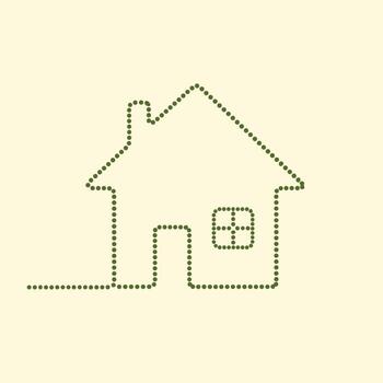 Minimalist house outline composed of dotted lines with a simple door and window on a light vector