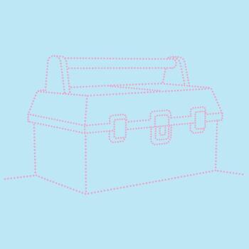 Dotted outline of a classic toolbox with handle, latches, and compartments on a light blue vector