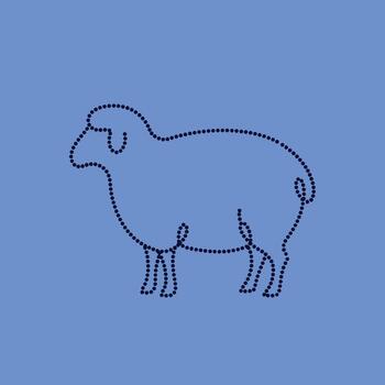 Minimalist outline of a sheep created with dotted lines on a solid blue vector