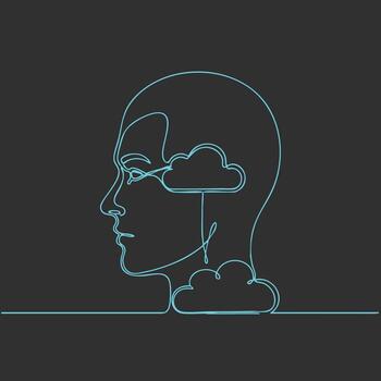 Minimalist continuous line drawing of a human head with cloud and brain elements on dark vector