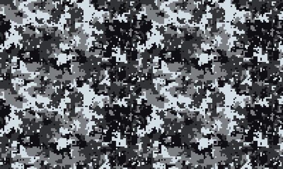 Abstract grayscale digital camouflage pattern. Seamless texture ideal for backgrounds, textiles, or militarythemed designs. Concealment, strategy, and modern warfare concepts. vector