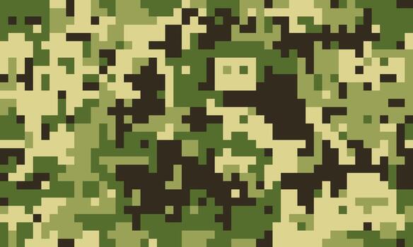 Abstract digital camouflage pattern. Pixelated green, beige, and black design ideal for backgrounds, textiles, or militarythemed projects. Modern, versatile, and impactful. vector